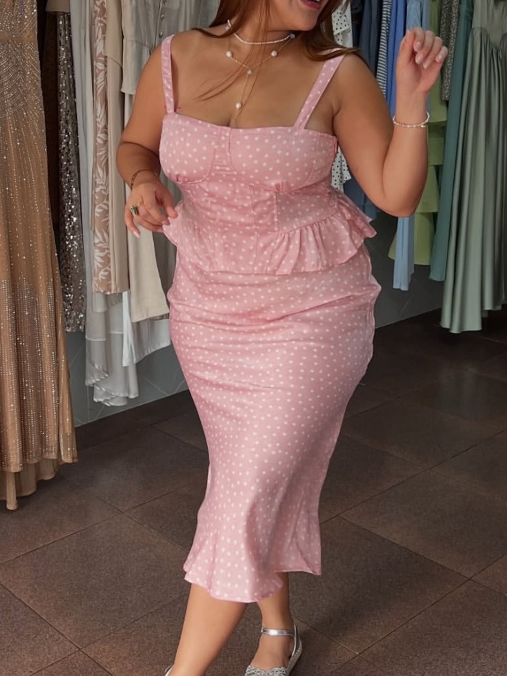 Pink Polka Dot Peplum Midi Skirt Set size M and top size L